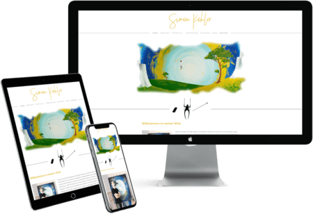 Die Webseite des Künstlers Simon Kohler auf einem PC-Monitor, einem Tablet-PC und einem Handy