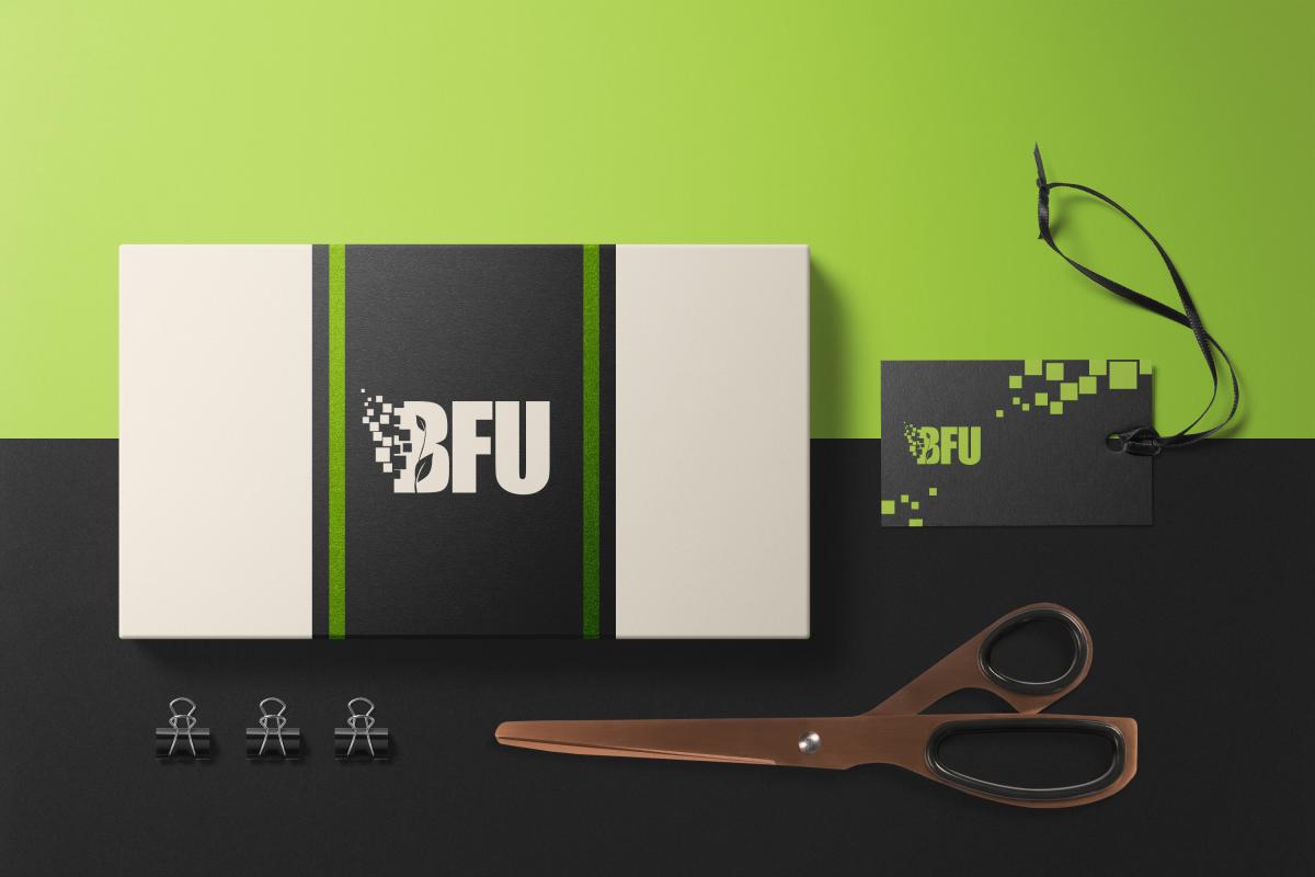 Das Logo der BFU GmbH auf einem Briefumschlag und einer Visitenkarte