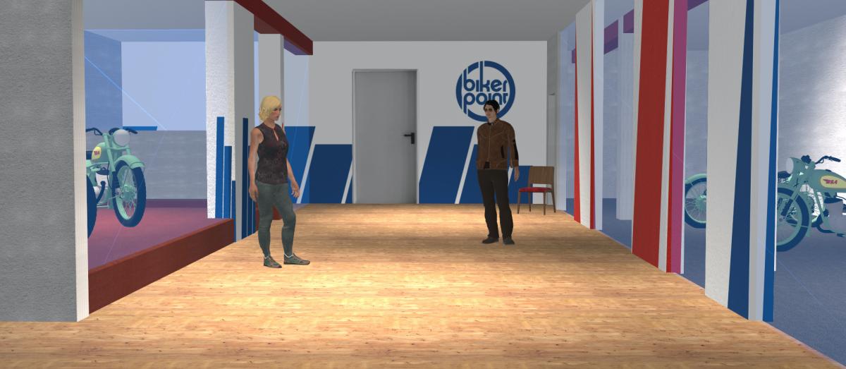 3D-Darstellung der Innenansicht der Bikerpoint-Geschäftsräume im Corporate Design