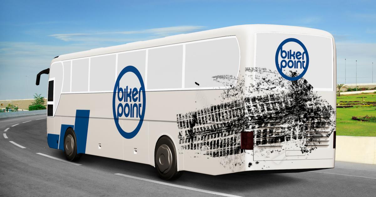 Mockup der Gestaltung eines Busses mit dem Bikerpoint-Logo und passenden Stilelementen